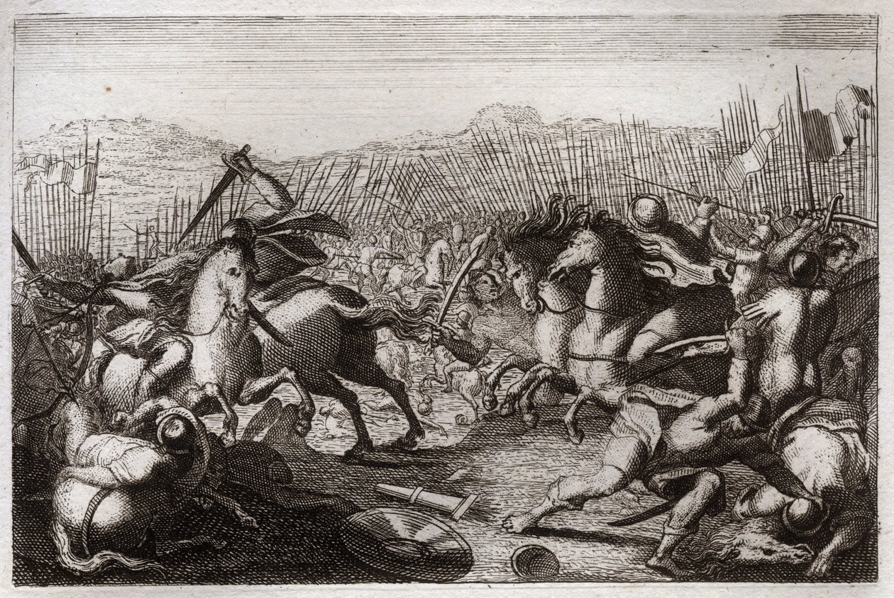 Bibbia di Royaumont, Antico Testamento: Vittoria di Giuda. Giuda Maccabeo sconfigge Apollonio, Seron, Tolomeo Macron, Gorgia, Nicanore e Lisia in varie battaglie. Illustrazione del 1811. da Unknown artist