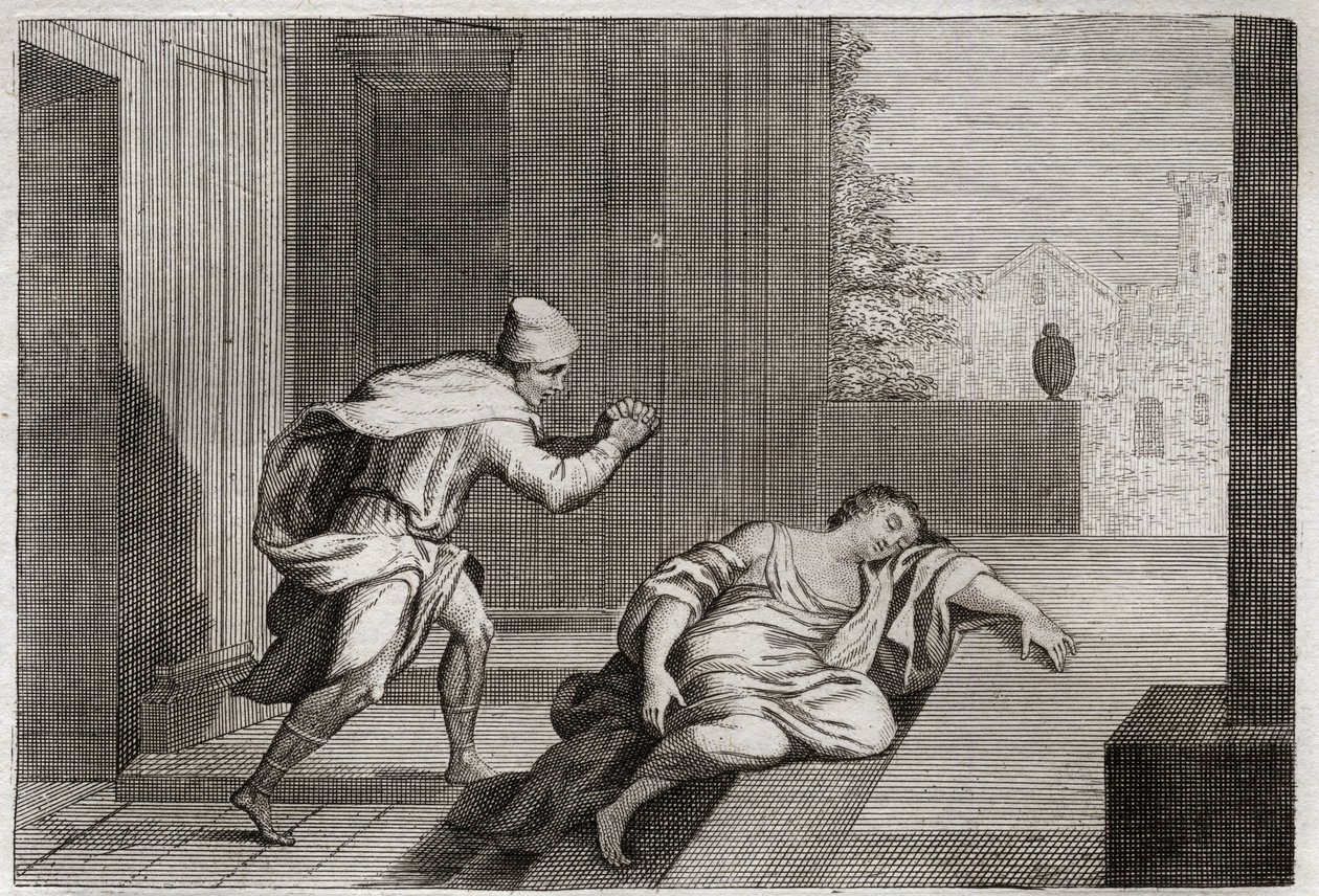 Bibbia di Royaumont, Antico Testamento: Donna del Levita oltraggiato. La moglie del Levita fu trovata morta alla porta dopo essere stata abusata da delinquenti. Illustrazione del 1811 da Unknown artist