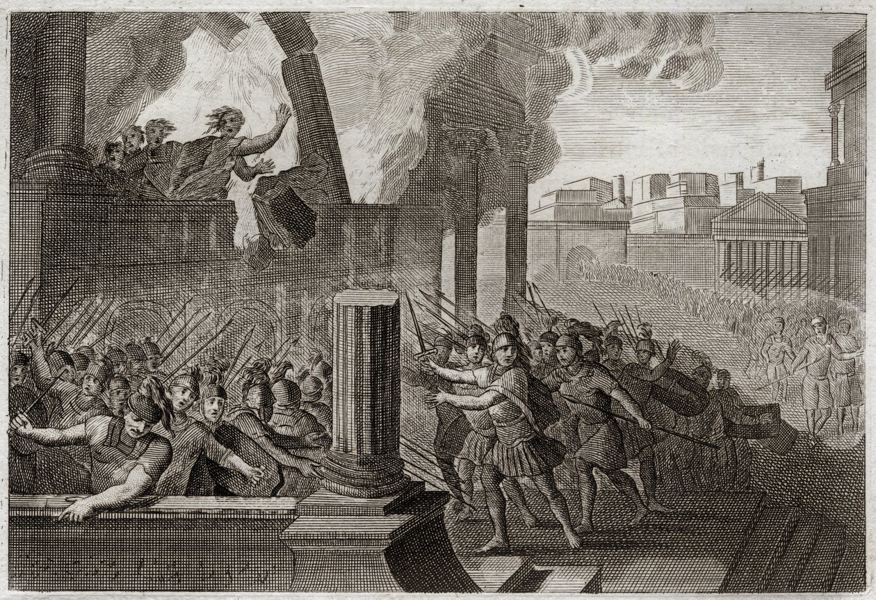 Bibbia di Royaumont, Antico Testamento: Zambri si brucia. Zambri, avendo rivoltato contro Ela, il quarto re di Israele, si assedia a Thersa, dove si brucia con tutta la sua famiglia nel suo palazzo. Illustrazione del 1811. da Unknown artist