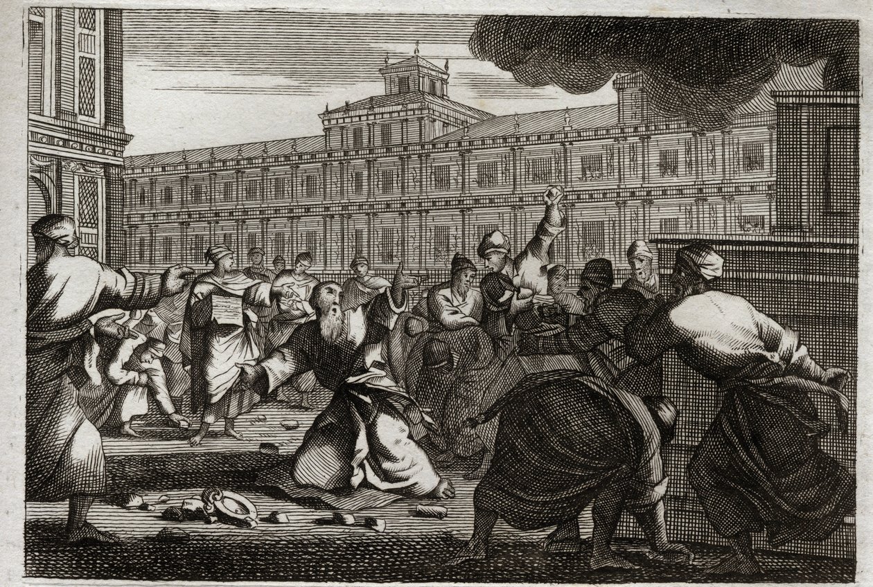 Bibbia di Royaumont, Antico Testamento: Zaccaria lapidato. Zaccaria, il Sommo Sacerdote, è lapidato per ordine di Ioas, re di Giuda, perché non seguiva i suoi ordini. Illustrazione del 1811 da Unknown artist