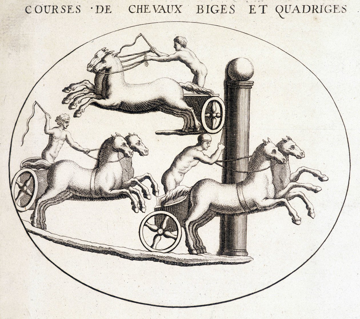 Corse di bighe e quadrighe. Incisione del XIX secolo da Unknown artist