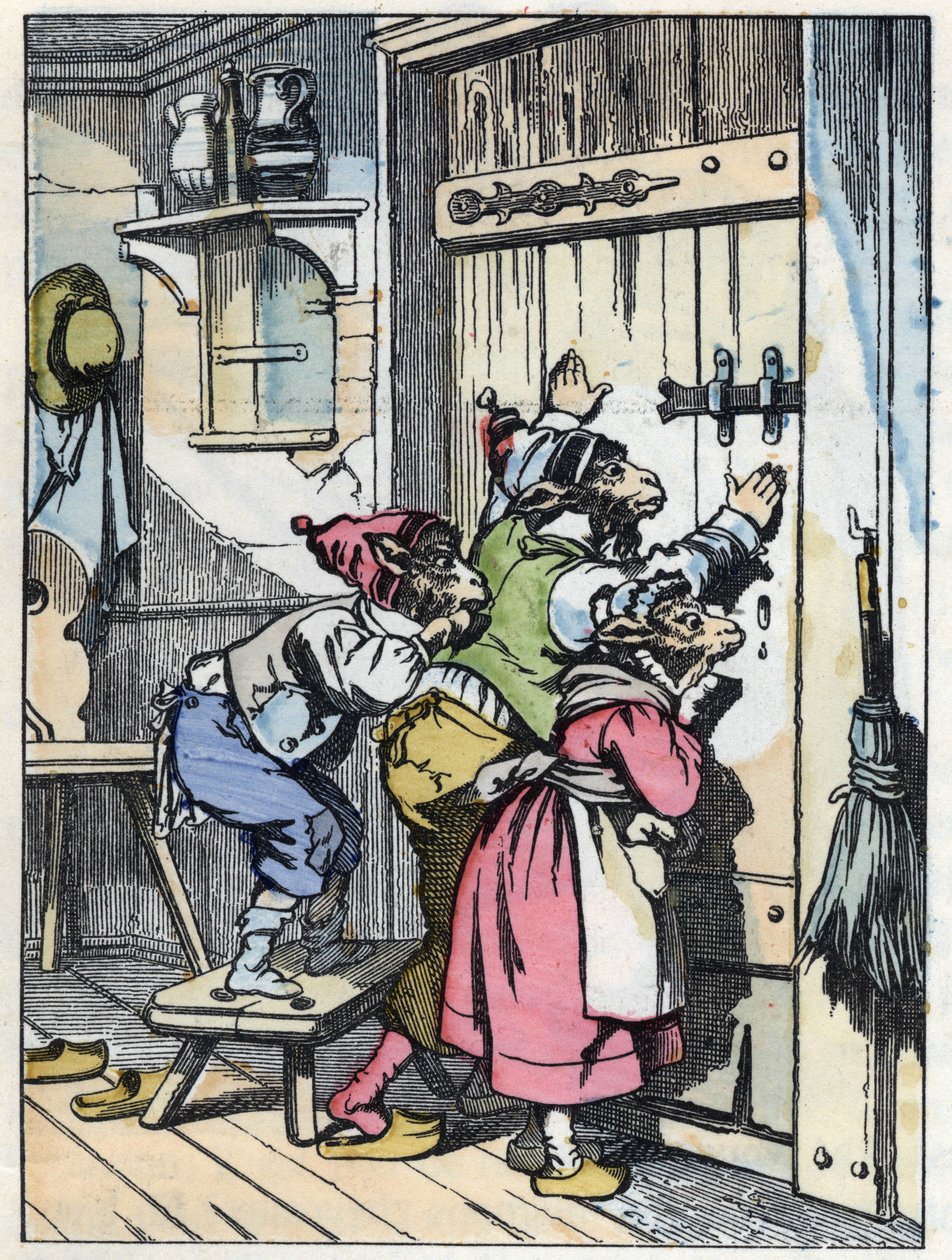 I biquets ascoltano chi bussa alla porta. Illustrazione della fiaba "Compere le Loup, Maitre Renard, Comere la Chevre et ses petits biquets" dopo una favola di Jean de la Fontaine. In "Fiabe dalla casa per i piccoli". Incisione anonima del XIX secolo da Unknown artist