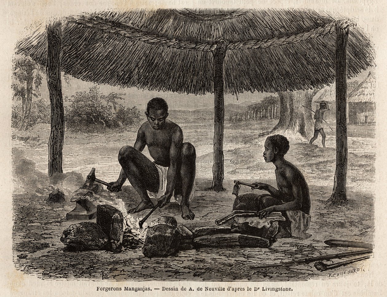 Fabbro manganjas (gruppo etnico della regione dello Zambeze). Incisione per illustrare i primi viaggi del Dr. Livingstone in Africa meridionale dal 1840 al 1856, in 