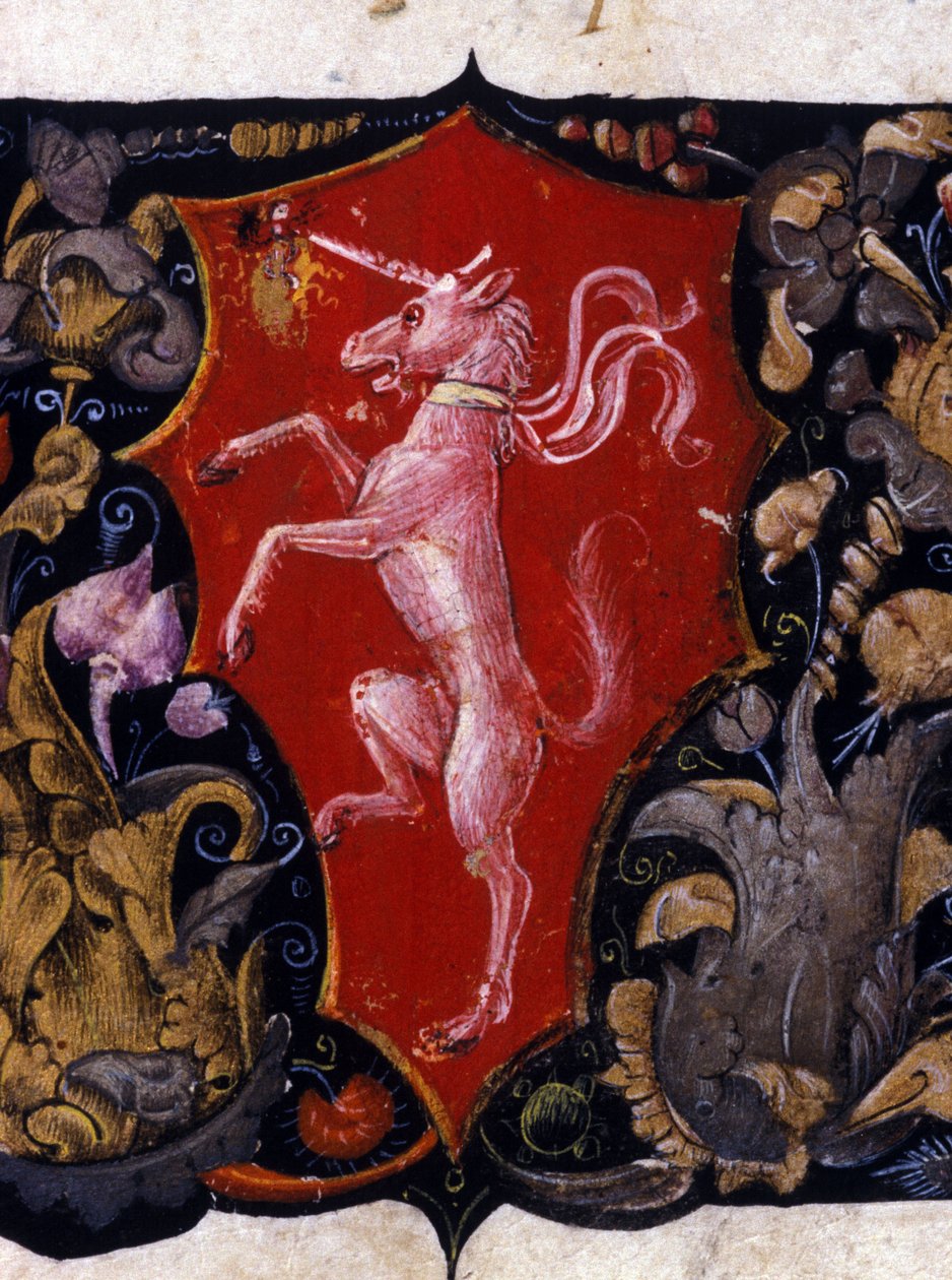 Blasone che decora un unicorno su sfondo rosso. Dettaglio di una miniatura. XV secolo da Unknown artist