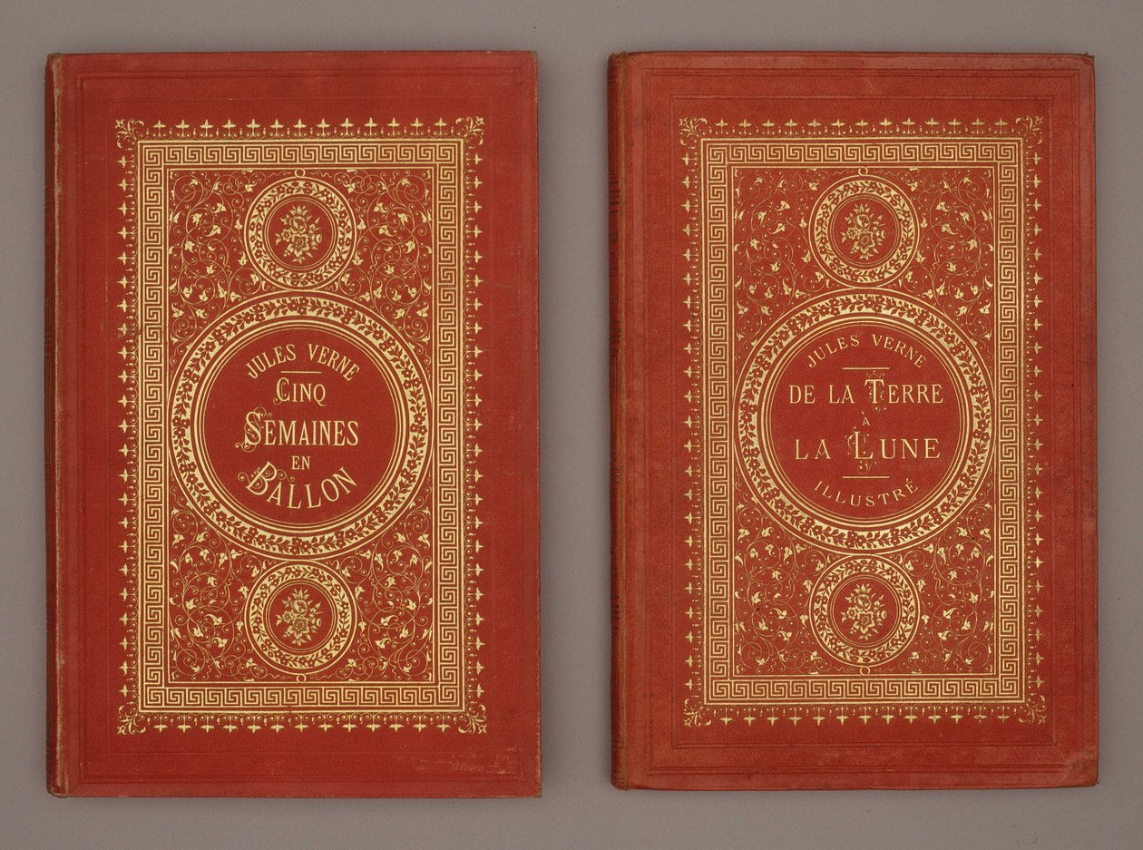 Copertina del libro "Cinque settimane in pallone" e "Dalla Terra alla Luna" di Jules Verne da Unknown artist