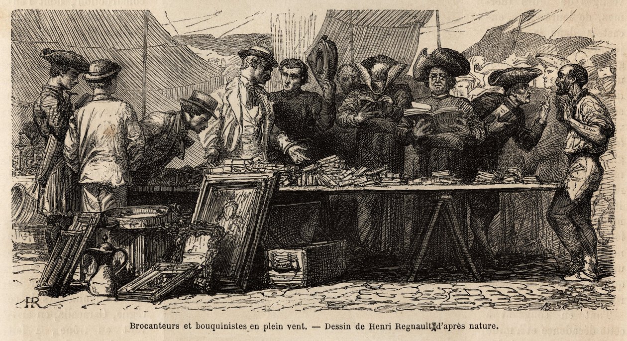 Librai e rigattieri al vento, vicino a Piazza Montanara, sotto una tenda allestita, amatori e chierici si contendono un bric-à-brac di antichità, alcuni leggono lì, altri contrattano con gesti. Incisione per illustrare il viaggio a Roma, di Francis Wey, ne da Unknown artist