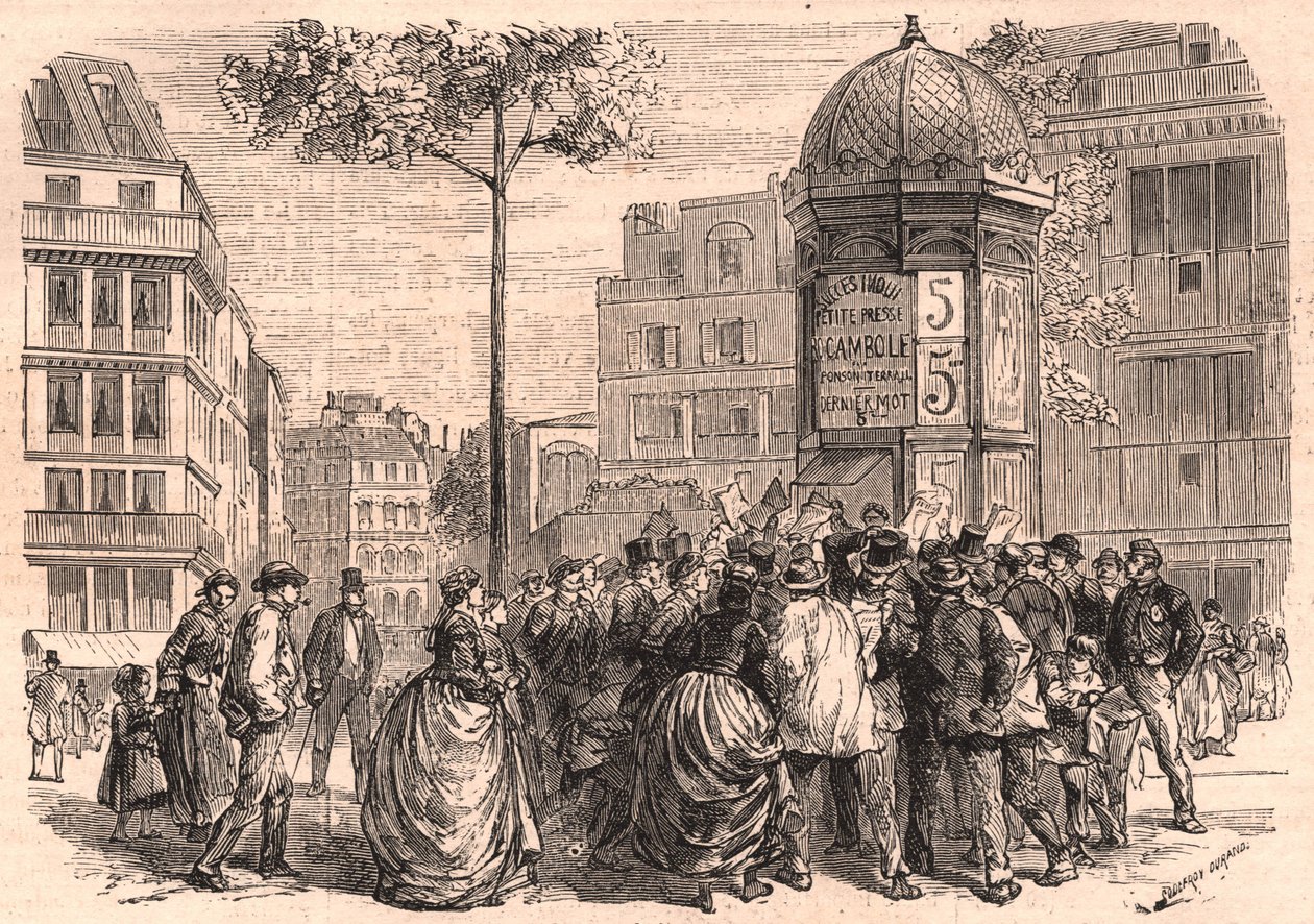 Boulevard Pigalle a Parigi: folla parigina intorno a una colonna Morris durante la vendita dei giornali da Unknown