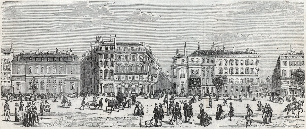 Boulevard des Italiens con il caffè de Paris, la rue Taitbout, la maison dorée, la rue Lafitte, il caffè Riche e la rue Lepelletier - Incisione in "Tableau-de-Paris" di Edmond Texier 1852 da Unknown artist