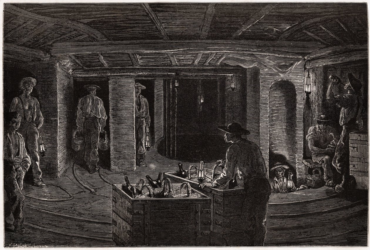 Colazione nella miniera, distribuzione e consumo di pasti in cestini ai minatori nelle gallerie di estrazione del carbone di Creusot. Incisione per illustrare un viaggio a Creusot e alle miniere di Saone e Loira, nel 1865, di L. Simonin, in 