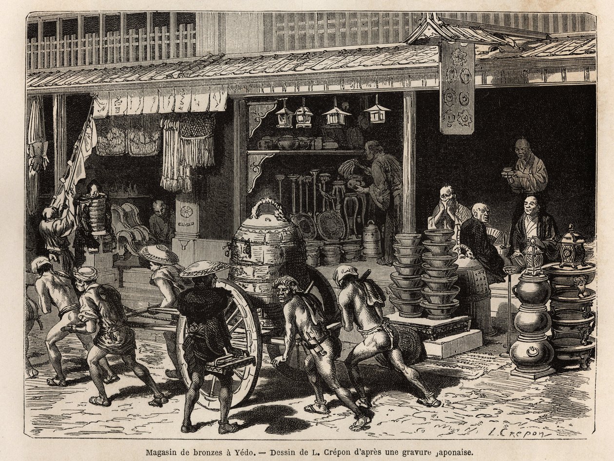 Negozio di bronzi a Yedo (o Edo, odierna Tokyo), specialità della città, che presenta oggetti di culto buddista: campane, gong, tamburi, vasi, candelabri, incensi e statue, ma anche oggetti meno rituali come lattine di sake, lampade, bracieri e altri ogget da Unknown artist