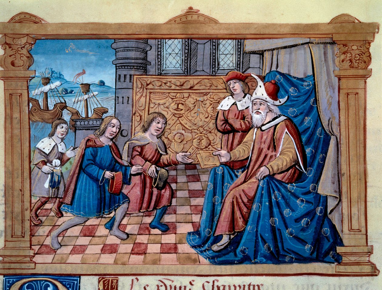 I fratelli Nicolo e Matteo Polo, padre e zio del giovane Marco Polo (1254-1324) ricevuti alla corte di Qubilai Khan, primo imperatore della dinastia mongola Yuan (1215-1294), imperatore mongolo nel 1271. Miniatura tratta da "Il Milione" da Unknown artist
