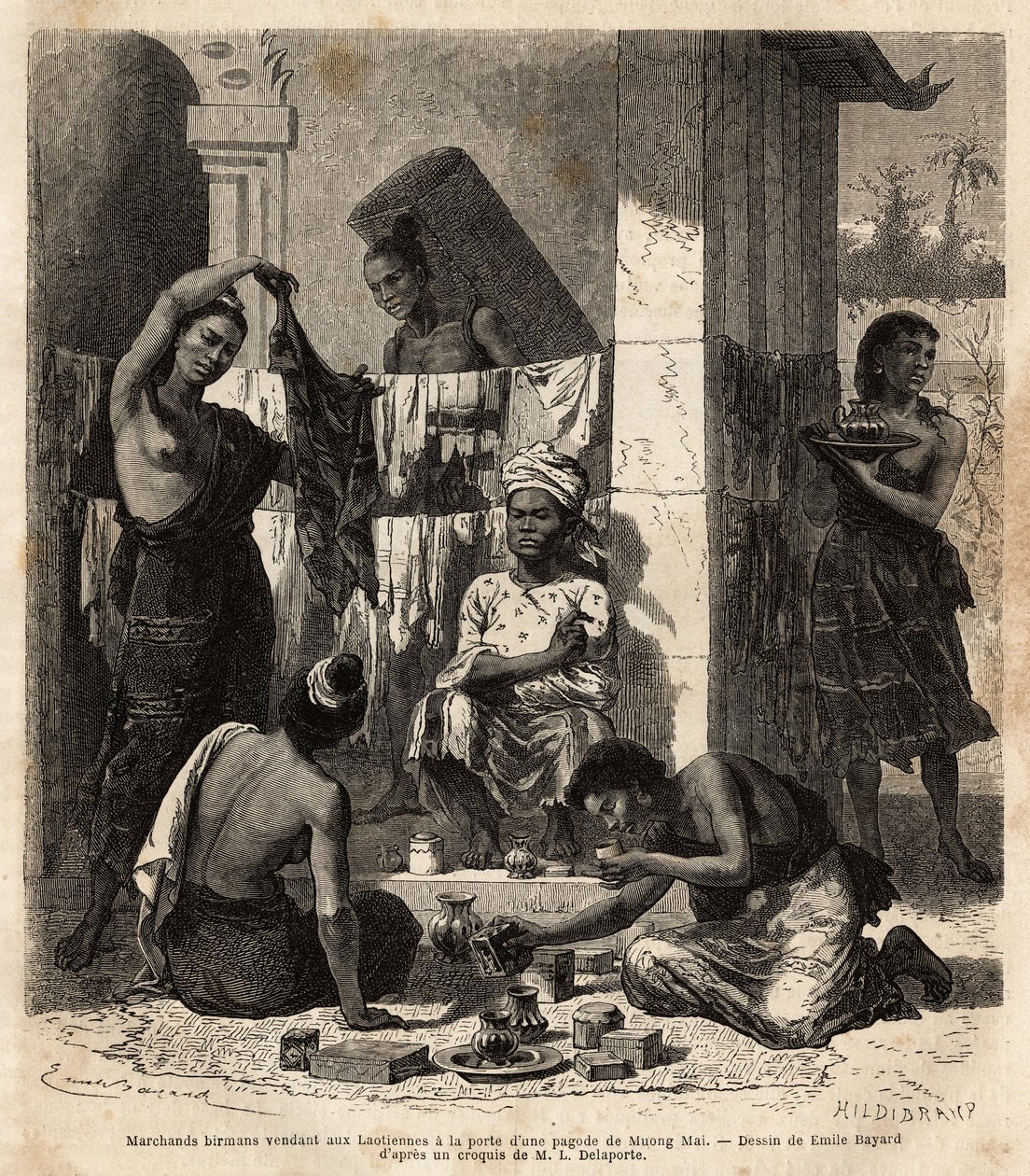 Mercanti birmani vendono tessuti e profumi a donne laotiane alla porta di una pagoda a Muong Mai. Incisione per illustrare il viaggio di esplorazione in Indocina, di Francis Garnier, tenente di vascello, nel 1866-1868, pubblicato in "Le tour du monde" da Unknown artist