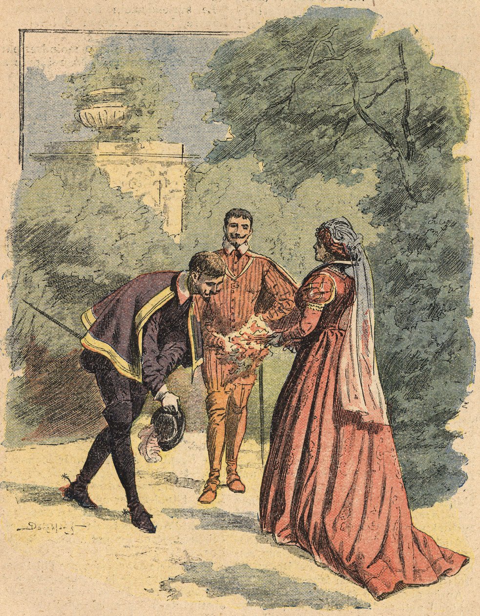 Bussy saluta Jeanne, accompagnata da San Luca, nel parco. Illustrazione del romanzo 