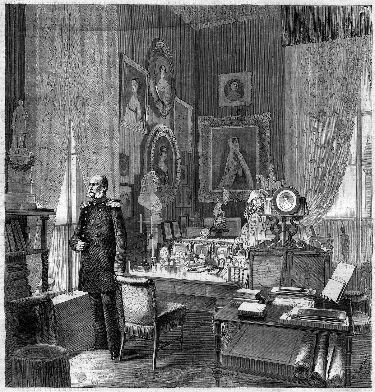 Gabinetto del Re Guglielmo I (1797-1888), Re di Prussia e Imperatore di Germania al Palazzo Reale di Berlino. Incisione in "L