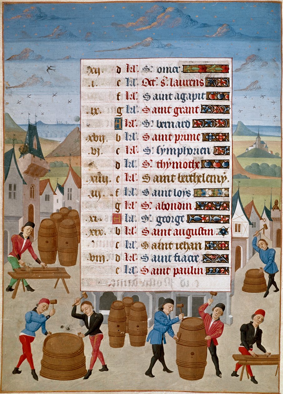 Calendario: Agosto - Fabbricazione di botti di vino - Miniatura del Maestro Jean de Rolin (15° secolo) da 