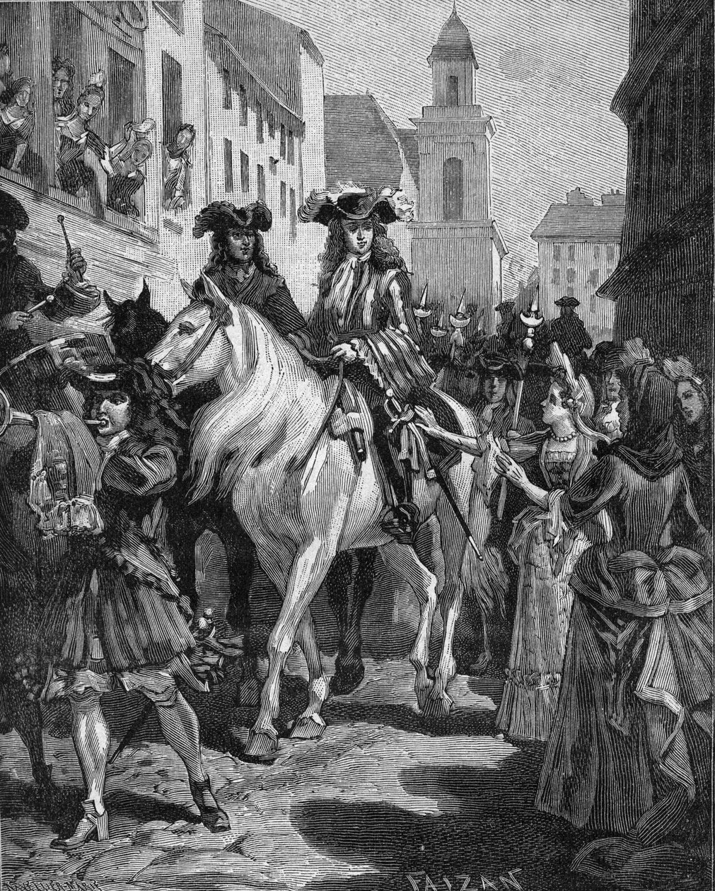 Guerra dei Camisardi (1702-1704): un cattolico cerca di toccare il capo dei Camisardi, Jean Cavalier (1681-1740). Nîmes, Gard (30). Incisione del XIX secolo. In "Histoire de France" di Jules Michelet da Unknown artist