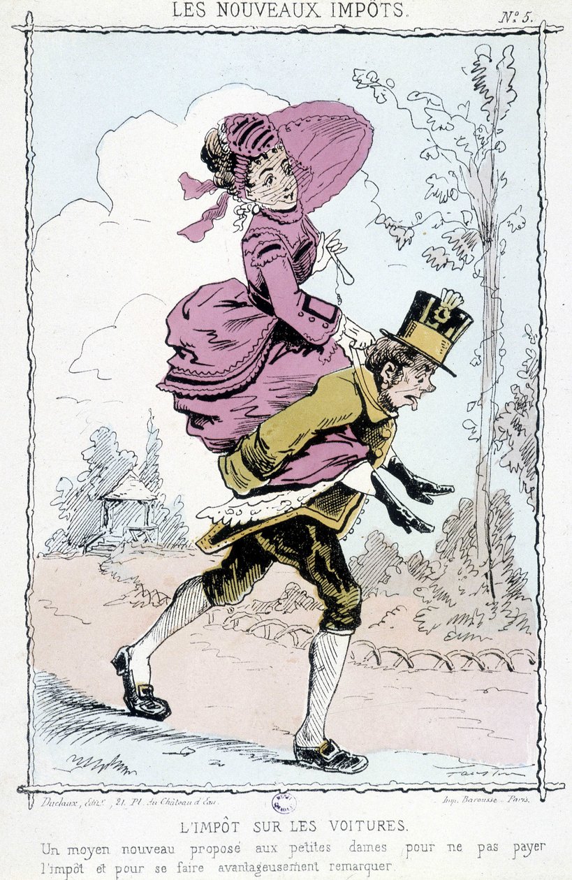 Tassa automobilistica: "un nuovo modo per le signorine di non pagare le tasse e di essere notate vantaggiosamente" - caricatura sulle "nuove tasse" da Unknown artist