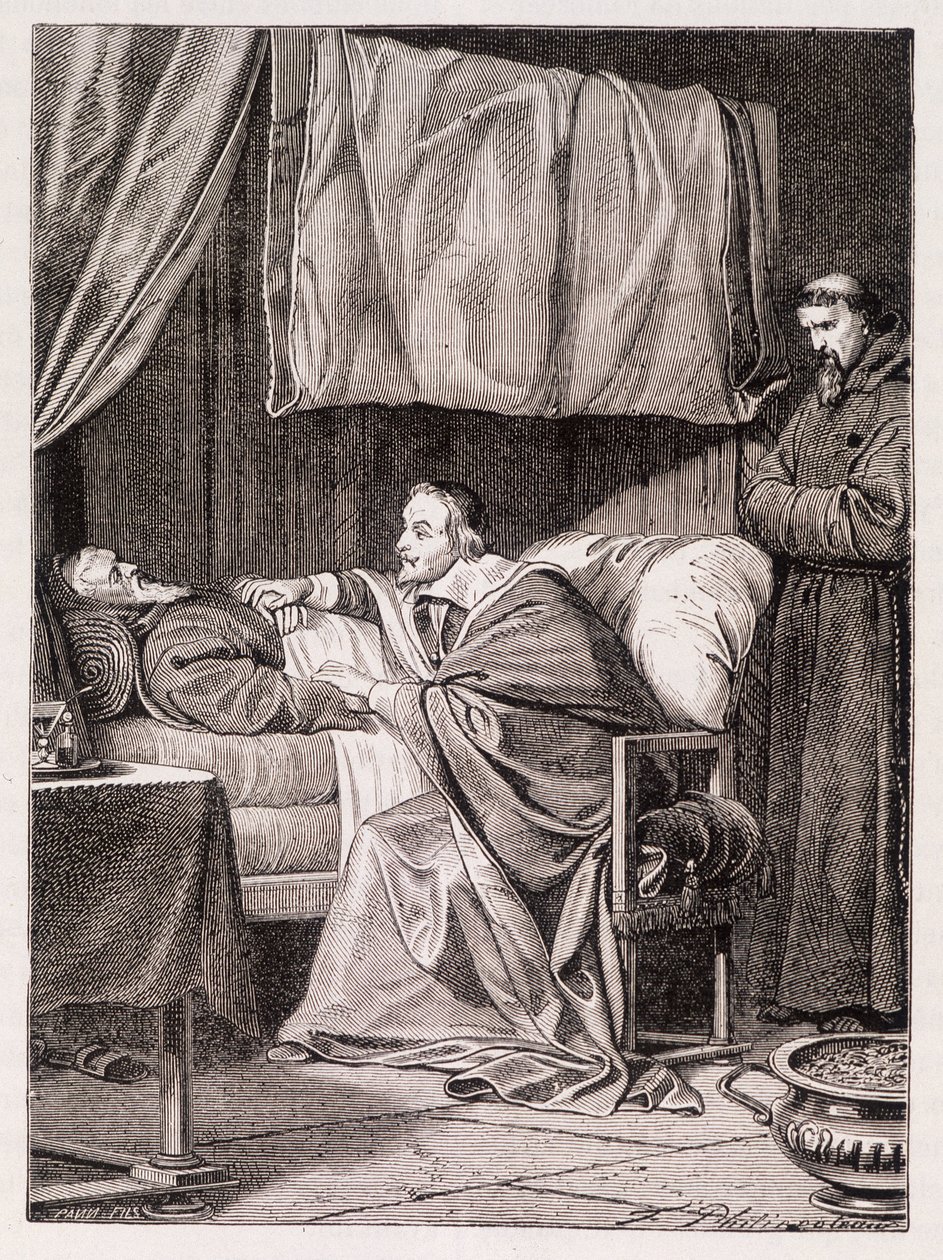 Cardinale Richelieu sul letto di morte di Padre Giuseppe - incisione da Unknown artist