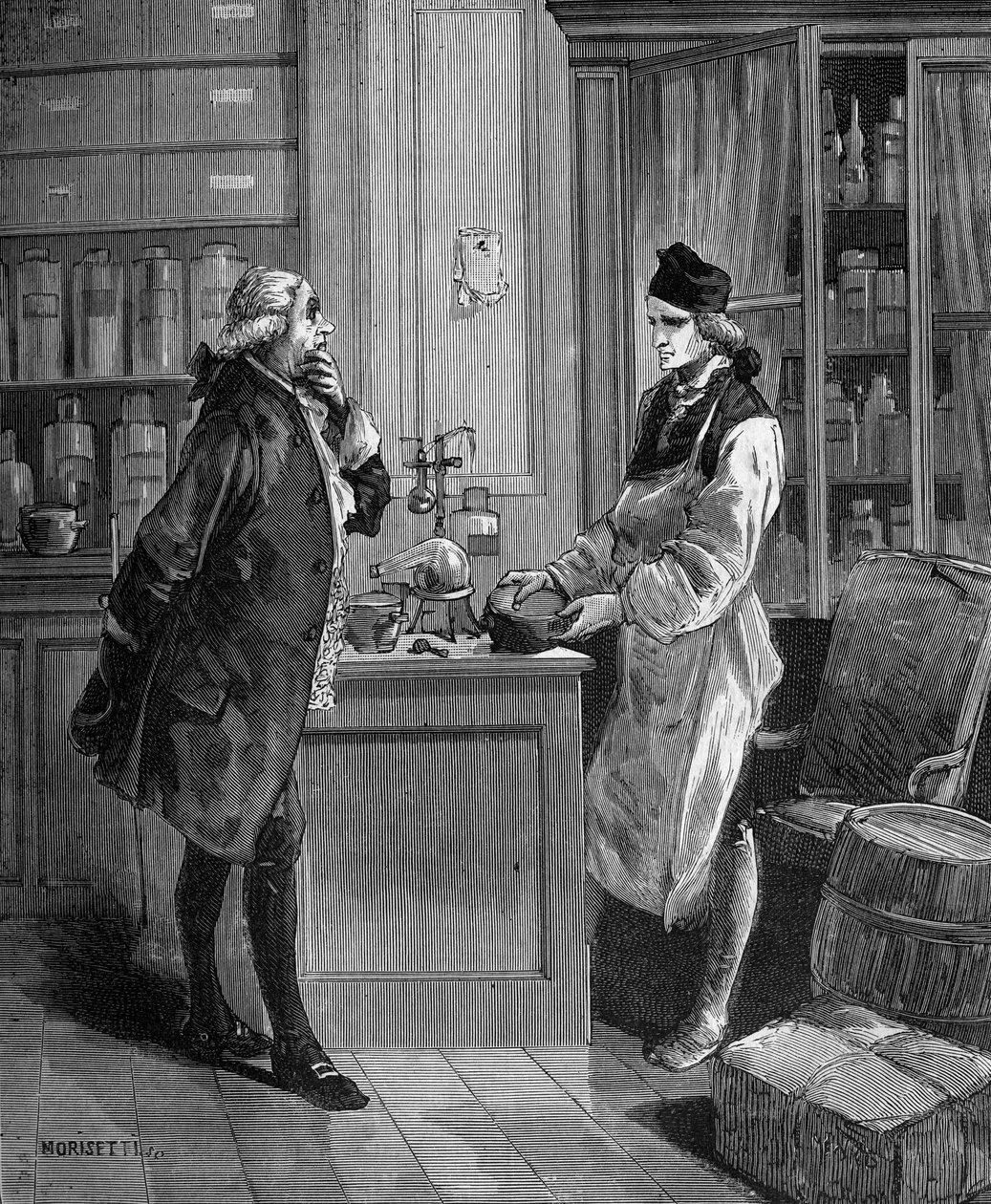 Carl William (Guillaume) Scheele (1742 -1788), chimico svedese nel suo laboratorio con Tobern Bergmann 1735-1784 chimico da Unknown artist