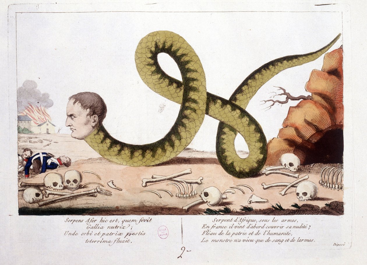 Cartone animato su Napoleone I rappresentato come un serpente. Serpente d