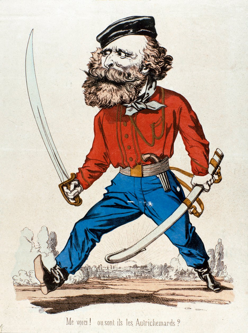 Caricatura di Giuseppe Garibaldi, patriota italiano, che esclama "Me voic! ou sont les Austrihemards" da Unknown artist