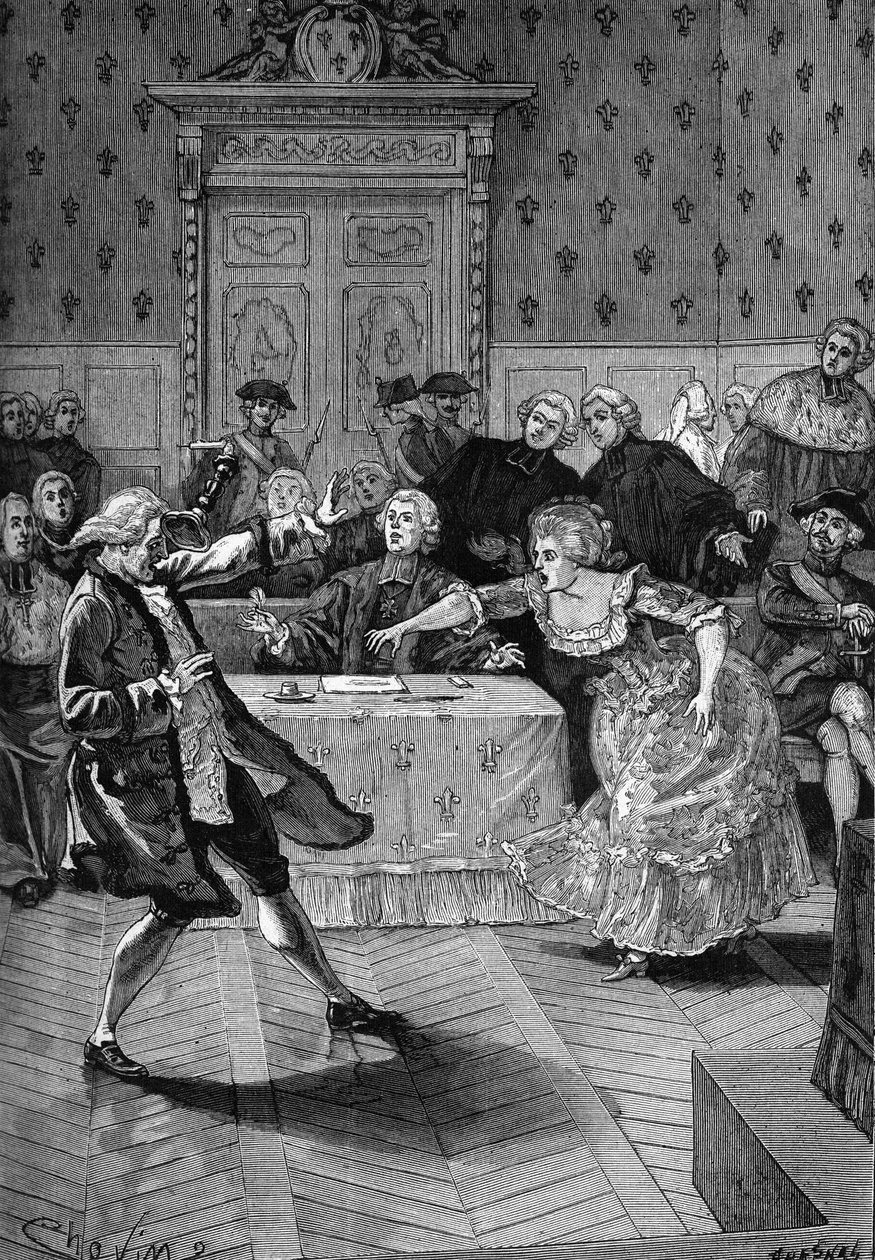 Caso della collana, il processo (1785-1786). Davanti al Parlamento di Parigi, Jeanne de Valois-Saint-Remy, Contessa de La Motte, lancia un candelabro da Unknown artist