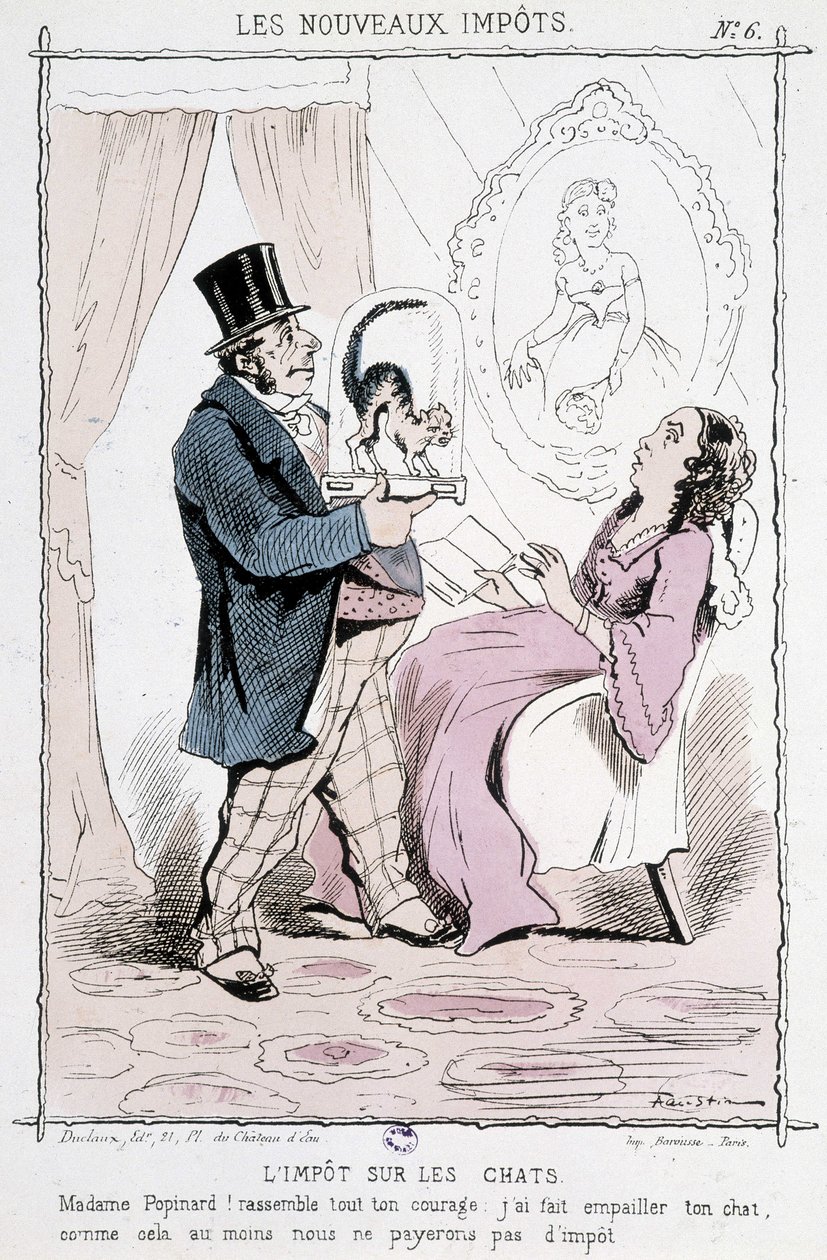 Tassa sui gatti: "Madame Papinard! Raduna tutto il tuo coraggio. Ho fatto imbalsamare il tuo gatto, così almeno non pagheremo la tassa" - caricatura da Unknown artist