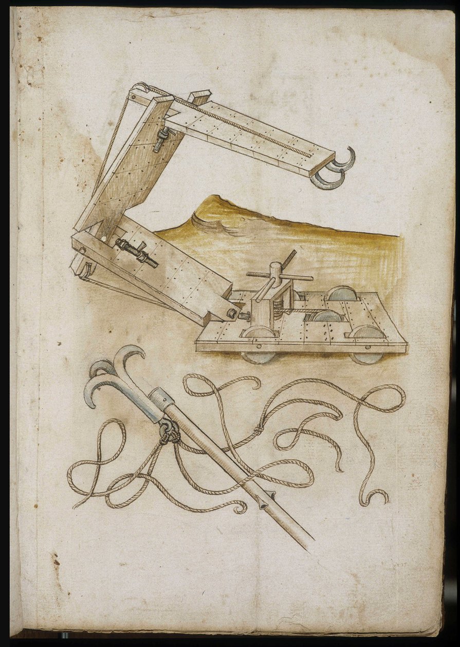 Sistema di catapulta e gancio - Manoscritto: foglio di pergamena di un manuale di ingegneria per la costruzione di edifici civili, religiosi e militari, anonimo, fine XV secolo (figura in inchiostro cinese) da Unknown artist