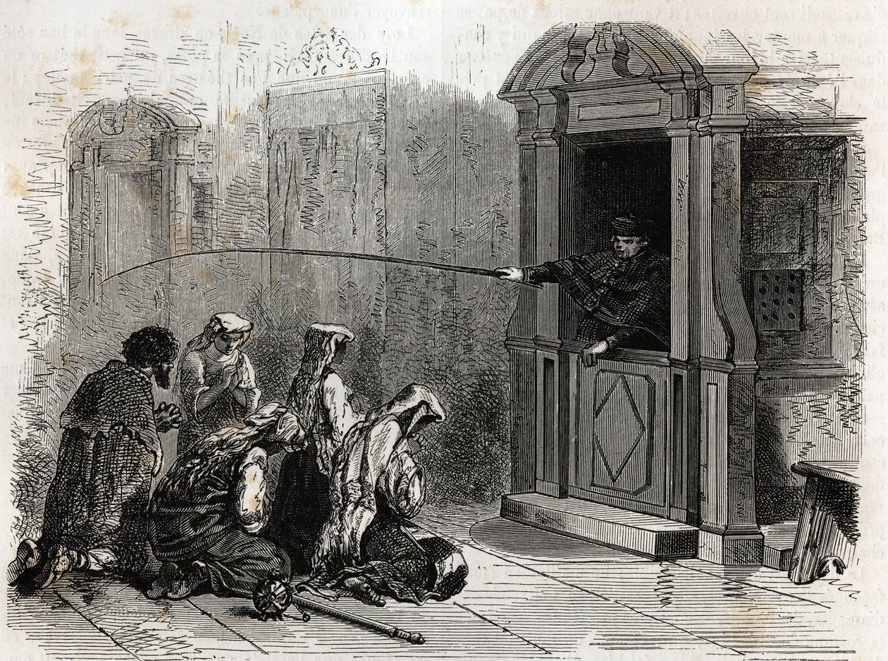 Praticanti cattolici in preghiera, ricevendo la penitenza ordinaria, frustate amministrate da un prete dalla cabina. Incisione per illustrare la storia della Settimana Santa a Roma, nel 1863, di Ludovic Celler, in 