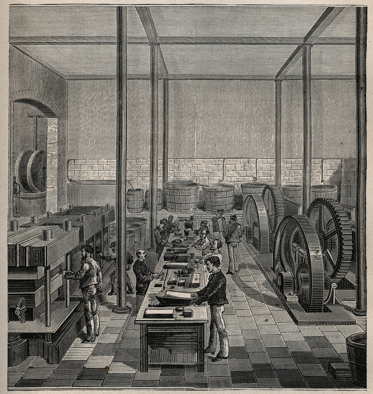 Celluloide: fabbricazione della celluloide. Incisione del 1885 in 