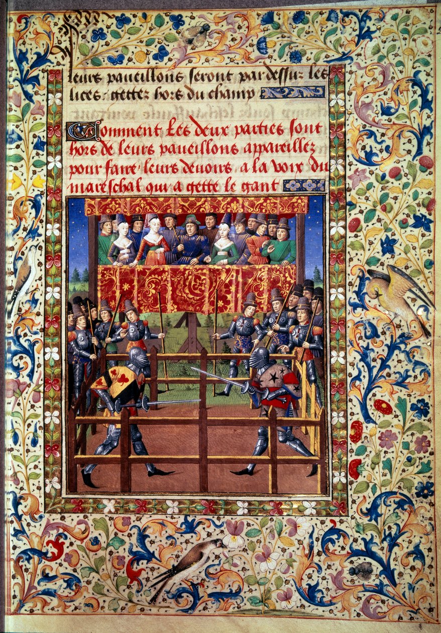 Cerimonie e ordinanze come pegno di battaglia: duello in campo chiuso tra due cavalieri. Miniatura da un manoscritto di Jean de Rolin (XV secolo) 1460 Parigi, B.N. da Unknown artist