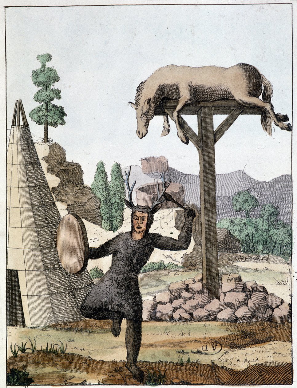 Sciamano tonguso che danza davanti a una sepoltura (Siberia) - incisione, inizi XIX secolo da Unknown artist