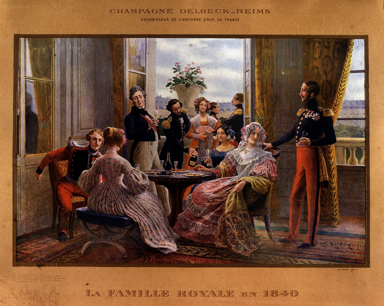 Champagne servito alla tavola reale nel 1840 - manifesto pubblicitario per lo champagne Delbeck, Fornitore della vecchia corte di Francia, fine XIX secolo da Unknown artist