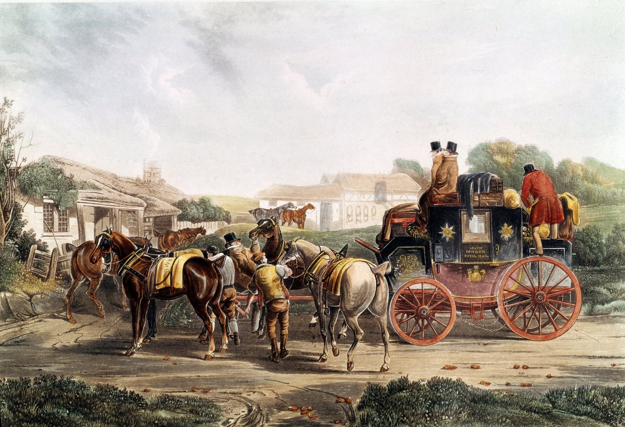 Cambio di cavalli alla locanda durante un viaggio in carrozza da Unknown artist
