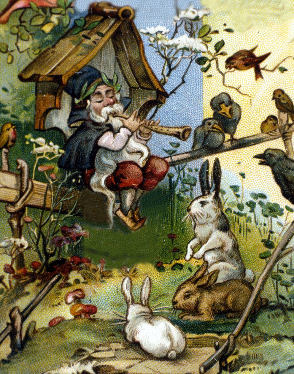 Personaggio del nano o farfadet suonatore di flauto. Cromolitografia del XIX secolo da Unknown artist