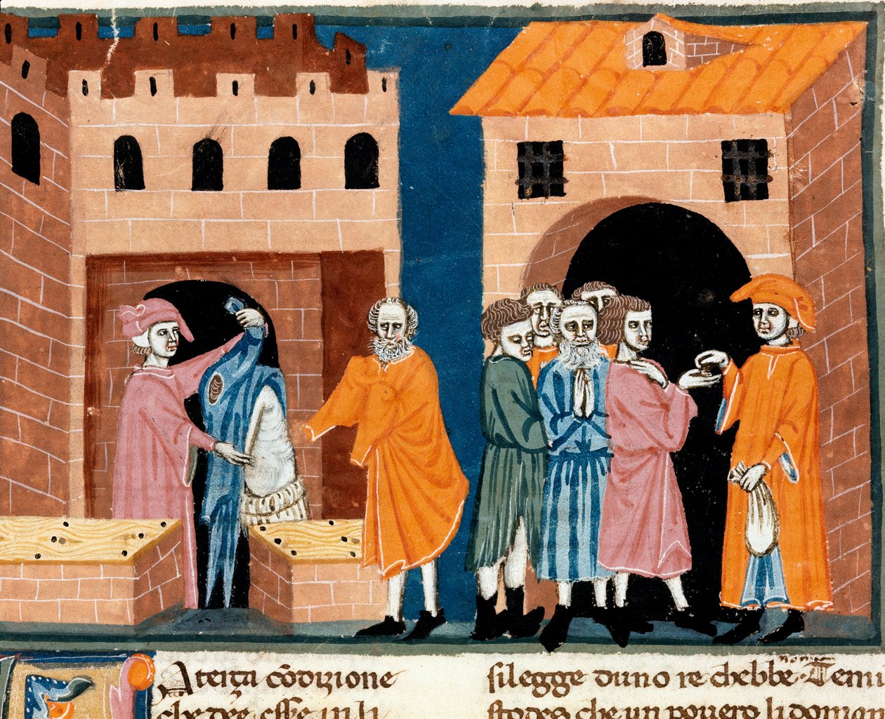 Carità nel Medioevo: "assistenza pubblica". Scena di carità e assistenza ai poveri. Miniatura della scuola fiorentina tratta dalla traduzione italiana del "Pater noster" del notaio fiorentino Ser Zucchero Bencivenni, inizio del XIV secolo da Unknown artist