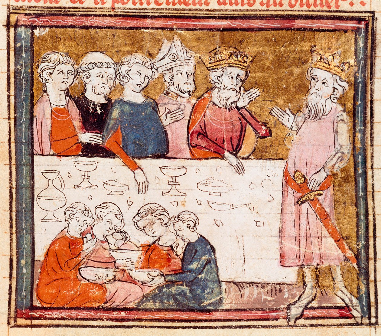 Carlo Magno (742-814) e suo nipote il cavaliere Rolando a un banchetto con i poveri Miniatura da "Grandes Chroniques de France" 1375-1379 Biblioteca Municipale, Castres da Unknown artist