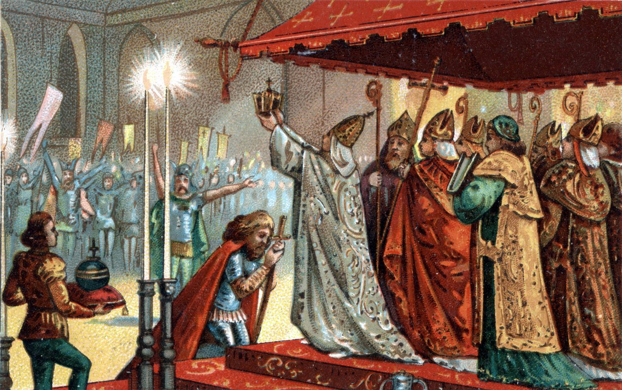 Carlo Magno (742-814) incoronato da Papa Leone III (c750-816) alla basilica di San Pietro a Roma il 25 dicembre 800 - Sacra (Incoronazione) di Carlo Magno (742-814) nel 800 da Papa Leone III. da Unknown artist