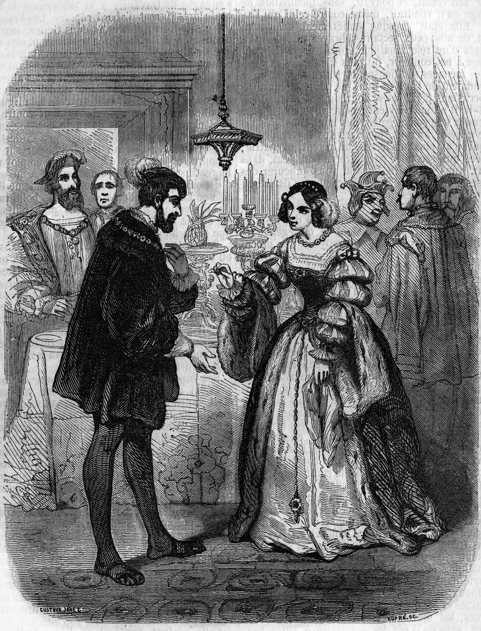 Carlo V con Anna di Pisseleu, Duchessa di Etampes, amante di Francesco I soprannominata La Belle Feronniere. Incisione del XIX secolo da Unknown artist