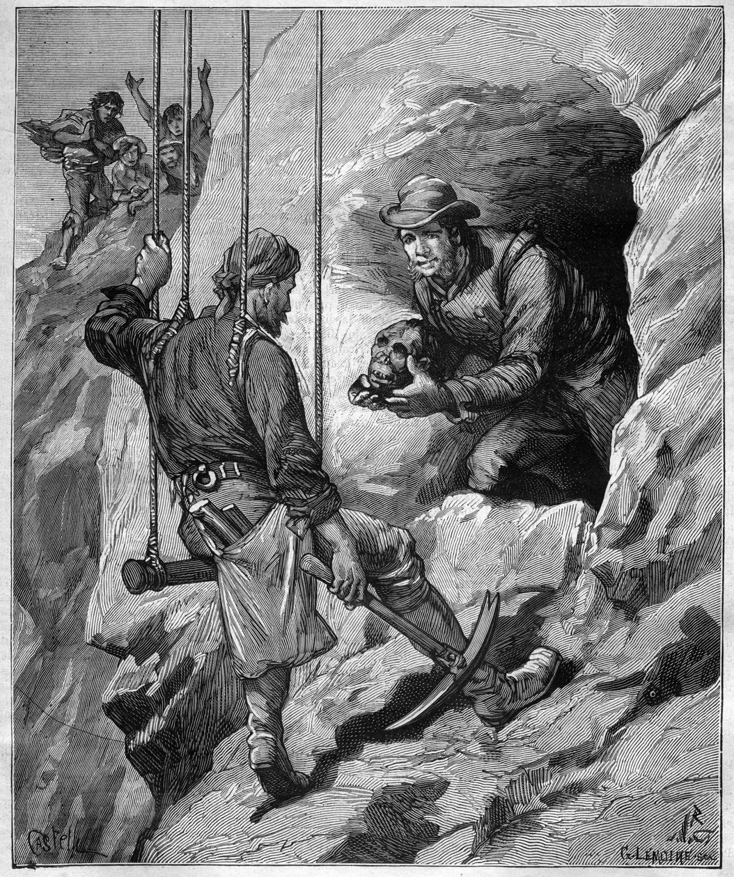 Charles Wiener (1851-1913) esploratore e diplomatico francese che esplora una grotta funeraria del Perù - incisione in “journal des voyages” 1887 da Unknown artist