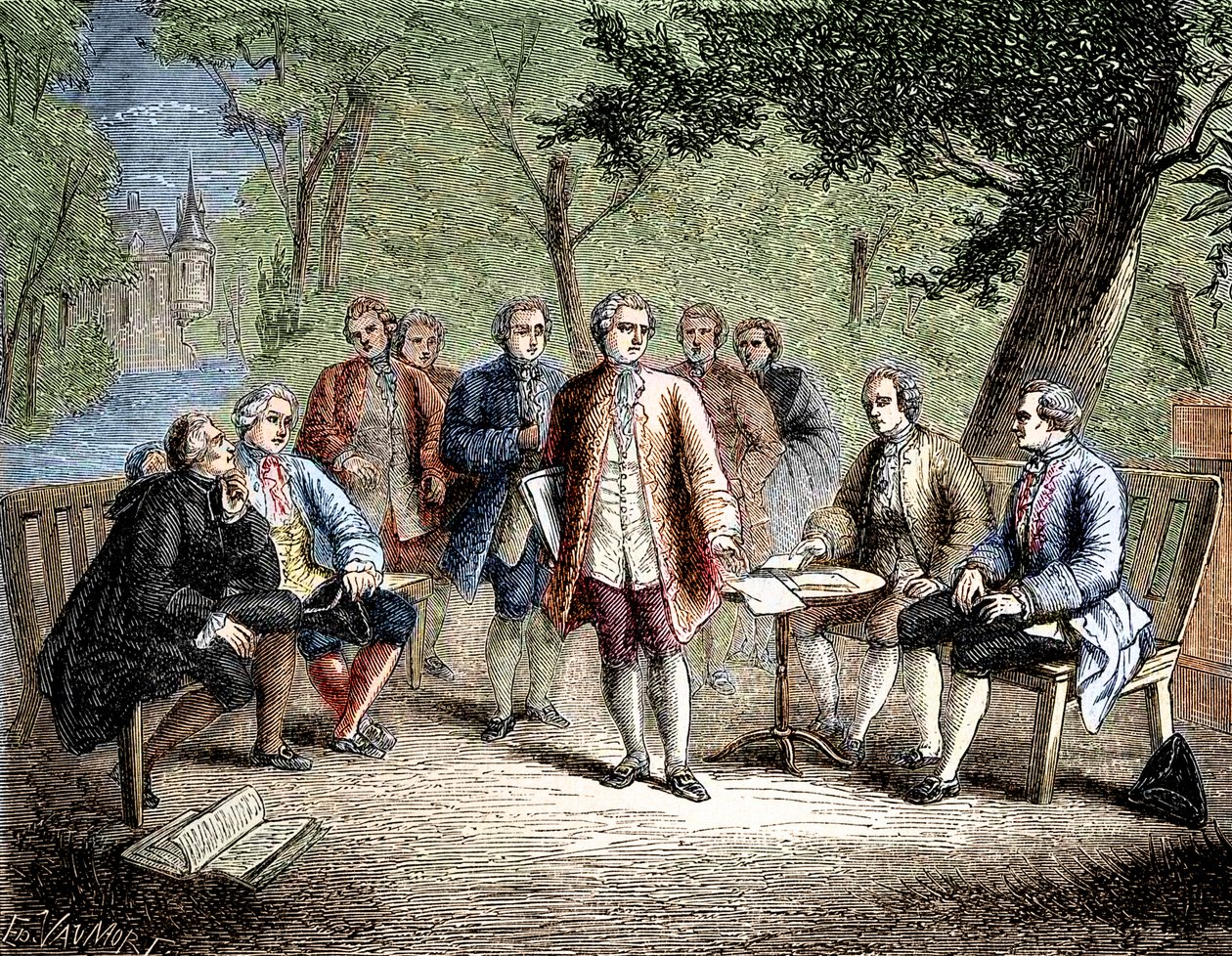 Charles de Secondat Montesquieu con il cenacolo scientifico al Castello di Clairac, Francia - Il cenacolo scientifico del castello di Clairac: Montesquieu e il barone de Secondat, suo figlio, il cavaliere de Vivens, Romas e i fratelli Dutilh - in "Album de da Unknown artist