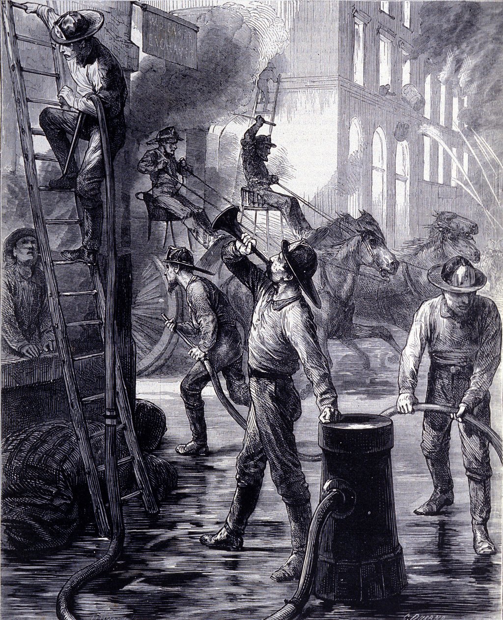 Brigata dei vigili del fuoco di Chicago in azione, Stati Uniti. XIX secolo da Unknown artist