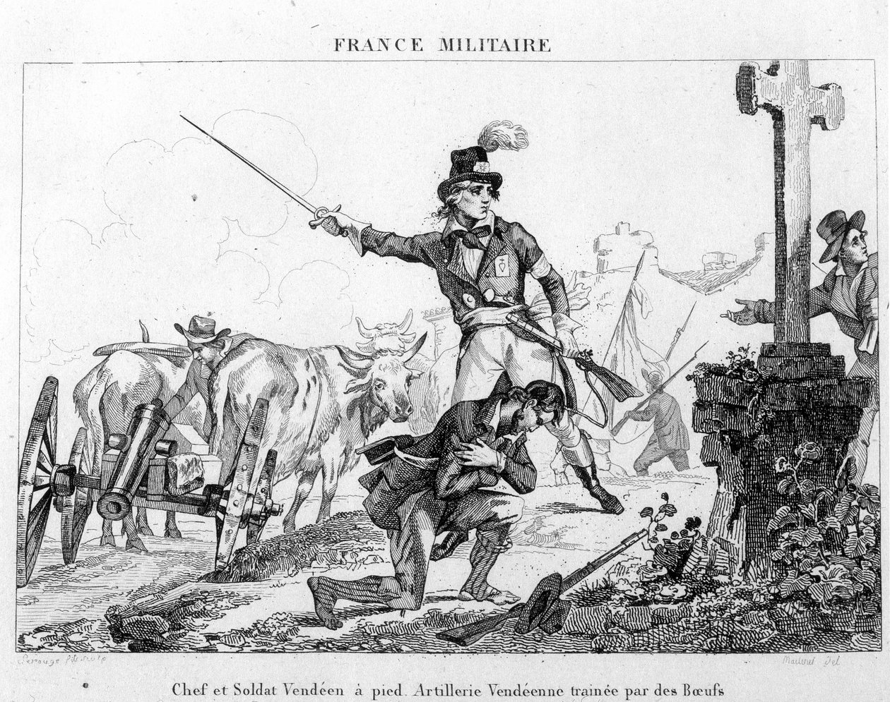 Capo e soldato a piedi. Artiglieria vandeana trainata da buoi. Incisione del XIX secolo da Unknown artist