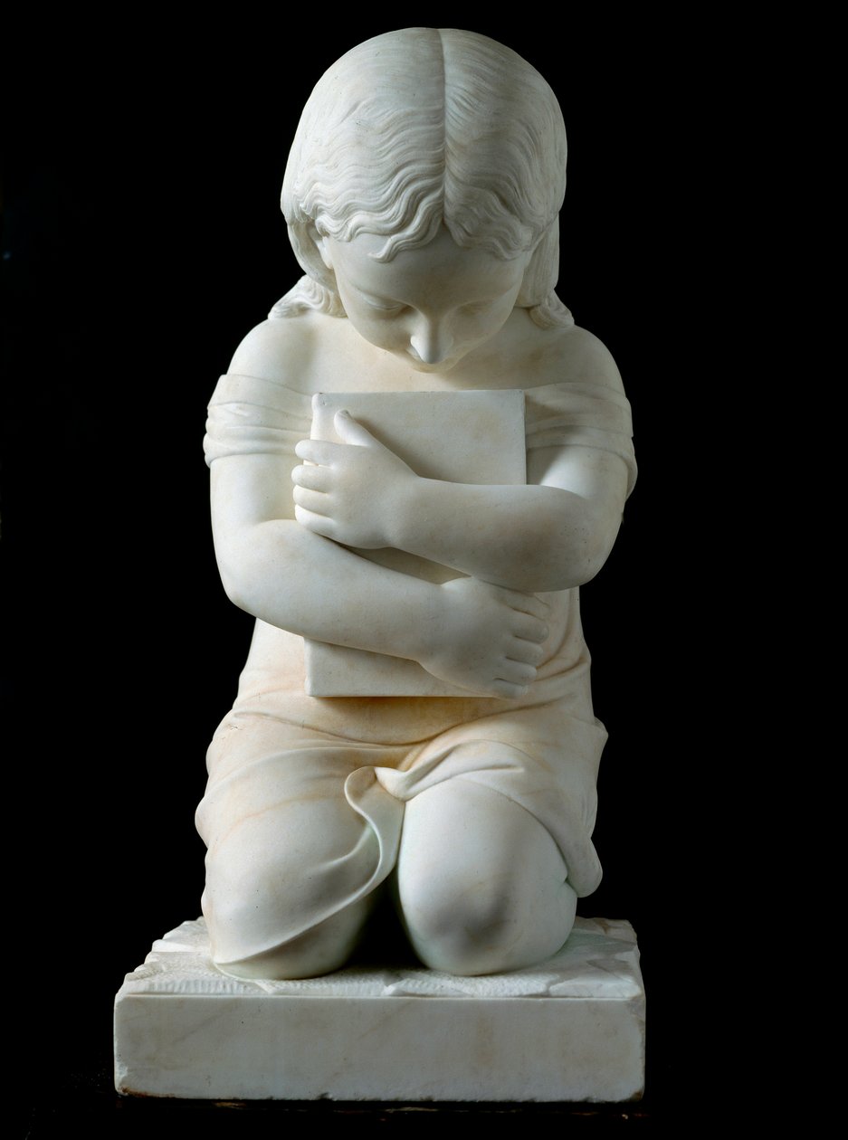 Bambino inginocchiato con un libro tra le braccia Anonimo scultura in marmo del XIX secolo dalla collezione del Principe Odon di Savoia da Unknown artist