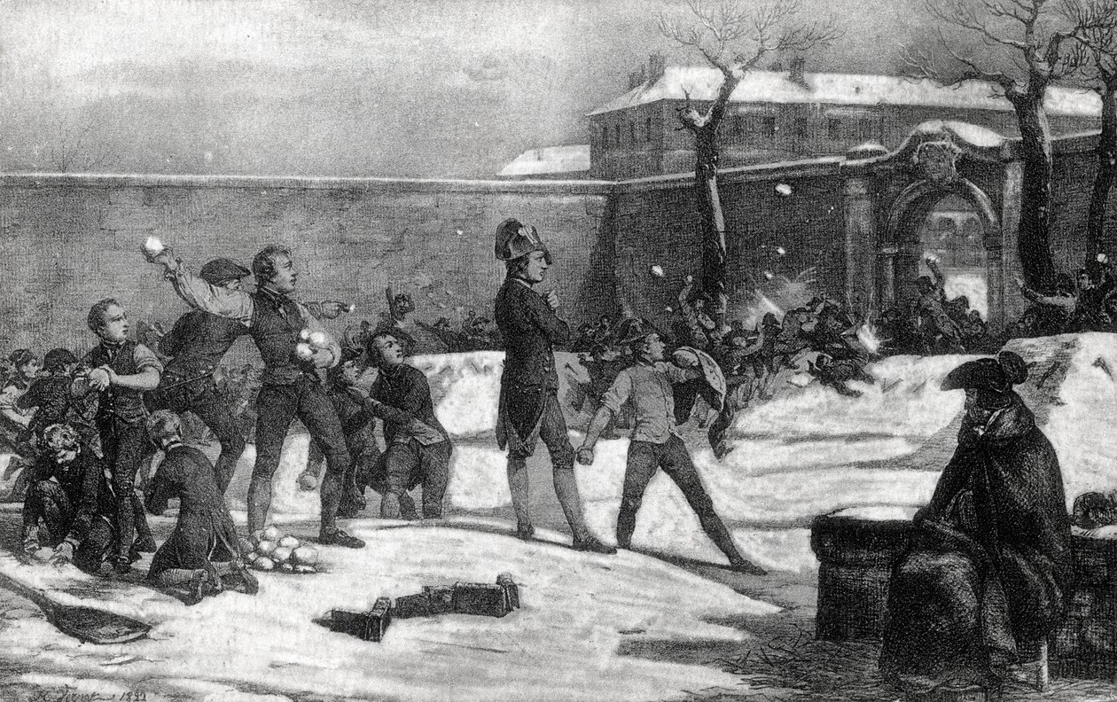 Infanzia di Napoleone I Bonaparte (1769 - 1821) alla scuola militare di Brienne le Chateau (Aube) nel 1782: Napoleone in mezzo a una battaglia di palle di neve tra bambini da Unknown artist