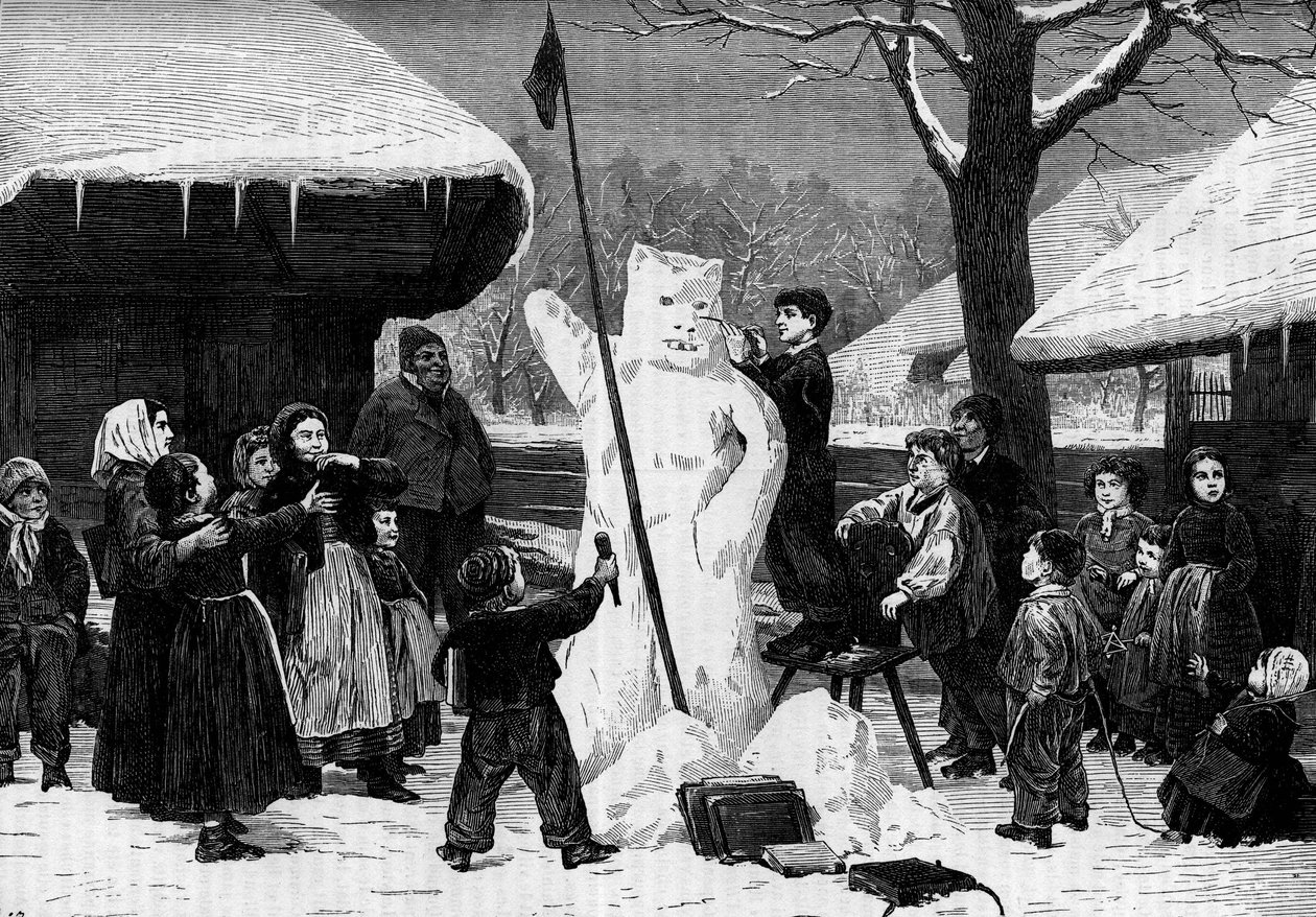 Bambini che fanno un pupazzo di neve in un villaggio delle Alpi. Incisione in 