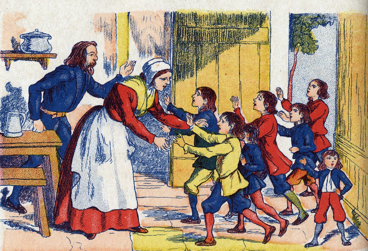 Il ritorno dei bambini. Illustrazione per "Le Petit Poucet" di Charles Perrault (1628-1703), scrittore francese. Illustrazione anonima. Immagini di Marcel Vagne, Jarville Nancy, senza data (fine XIX secolo) da Unknown artist