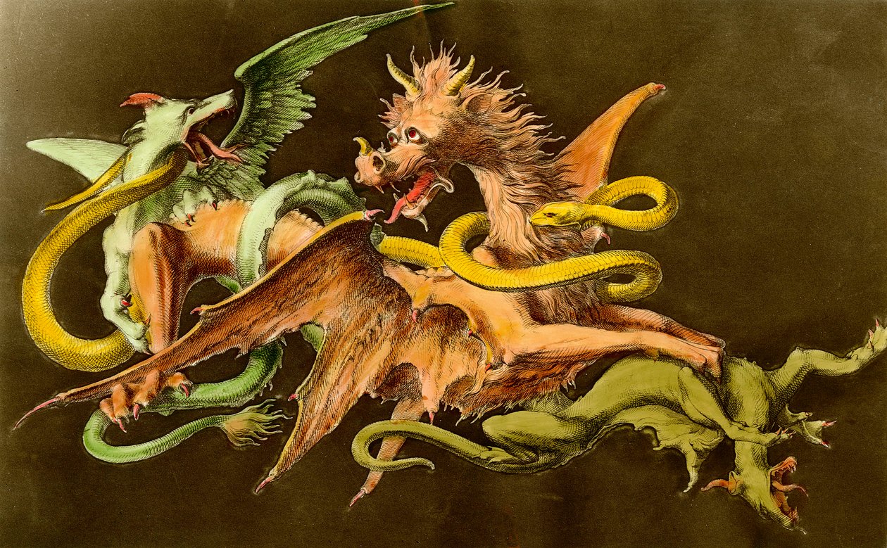 Chimere Un drago che combatte due mostri. Incisione del XIX secolo. da Unknown artist