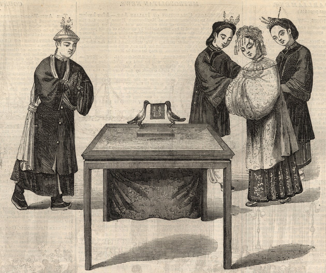 Usanza cinese: firma di un contratto di matrimonio. Una tavoletta con i nomi dei due sposi è posta su un tavolo con due colombe. Incisione in "The Illustrated London News" del 14 febbraio 1857. da Unknown artist