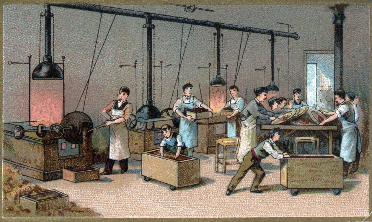 Produzione di cioccolato. Sala di torrefazione del cacao. Cromolitografia della fine del XIX secolo da Unknown artist